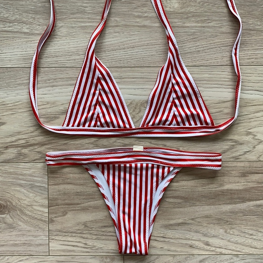 Red and White Stripe Bikini Set Size Small